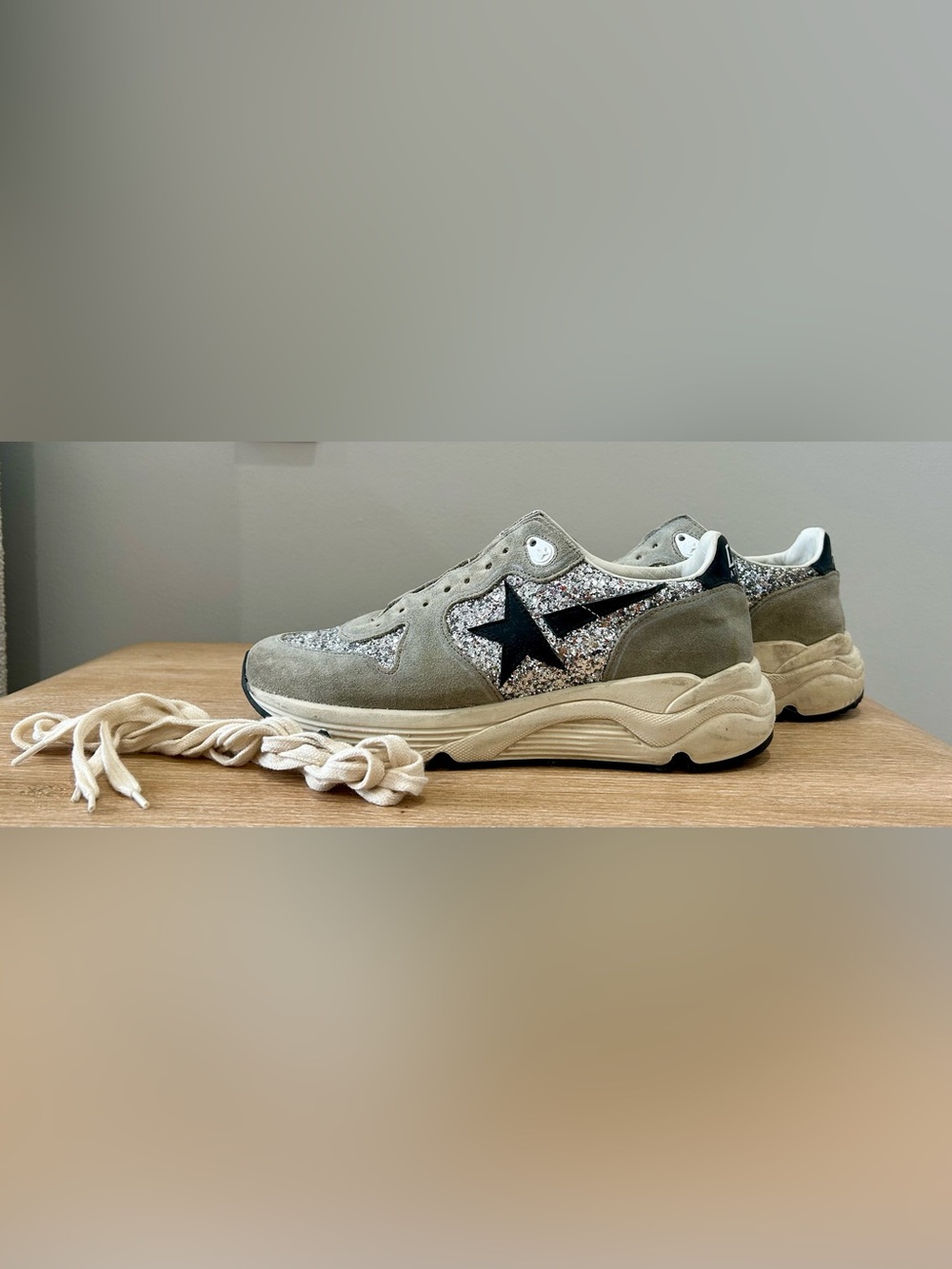 Golden Goose Running Sole Silver Glitter Gray Suede Sneakers Size 38